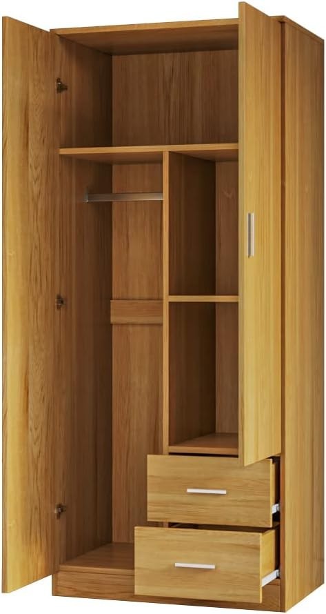 Oak 2 Door Wardrobe with 2 Drawers Bedroom Storage Cupboard Lockable