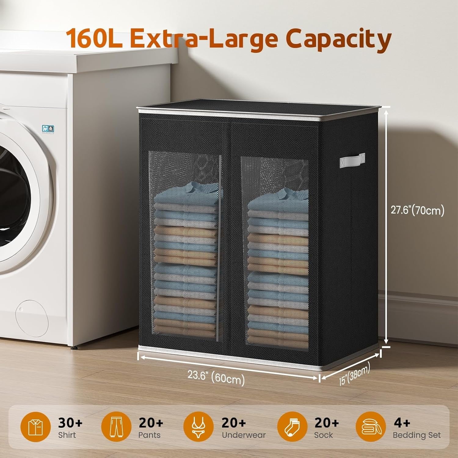 160L Double Laundry Hamper with Lid & 2 Removable Bags Large Clothes Organizer