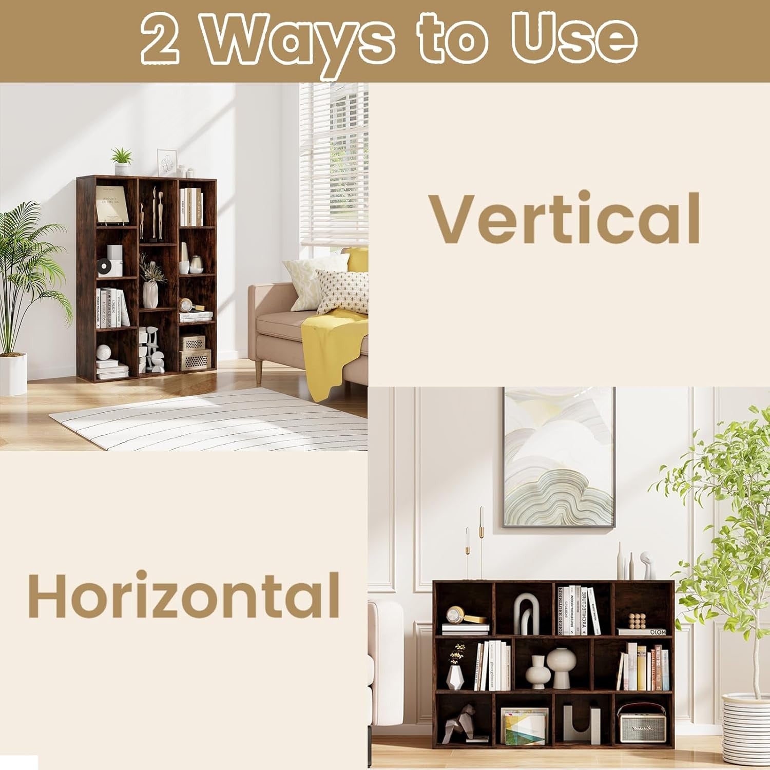 Rustic Brown 11-Cube Bookcase with Shelves & Anti-Tip Safety for Home Office