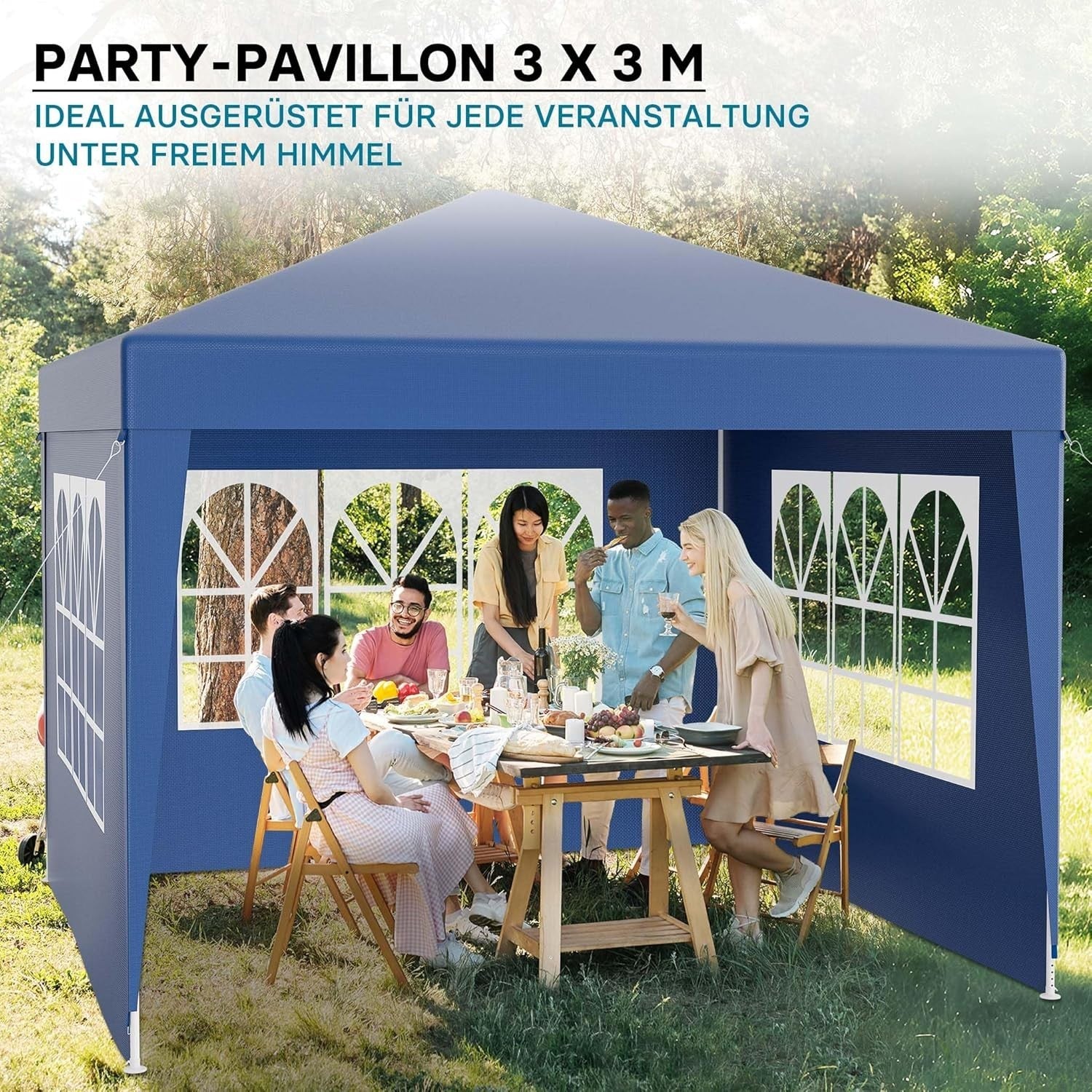3x3m Blue Pavilion Gazebo Party Tent Removable Sides UV50+ Garden Outdoor