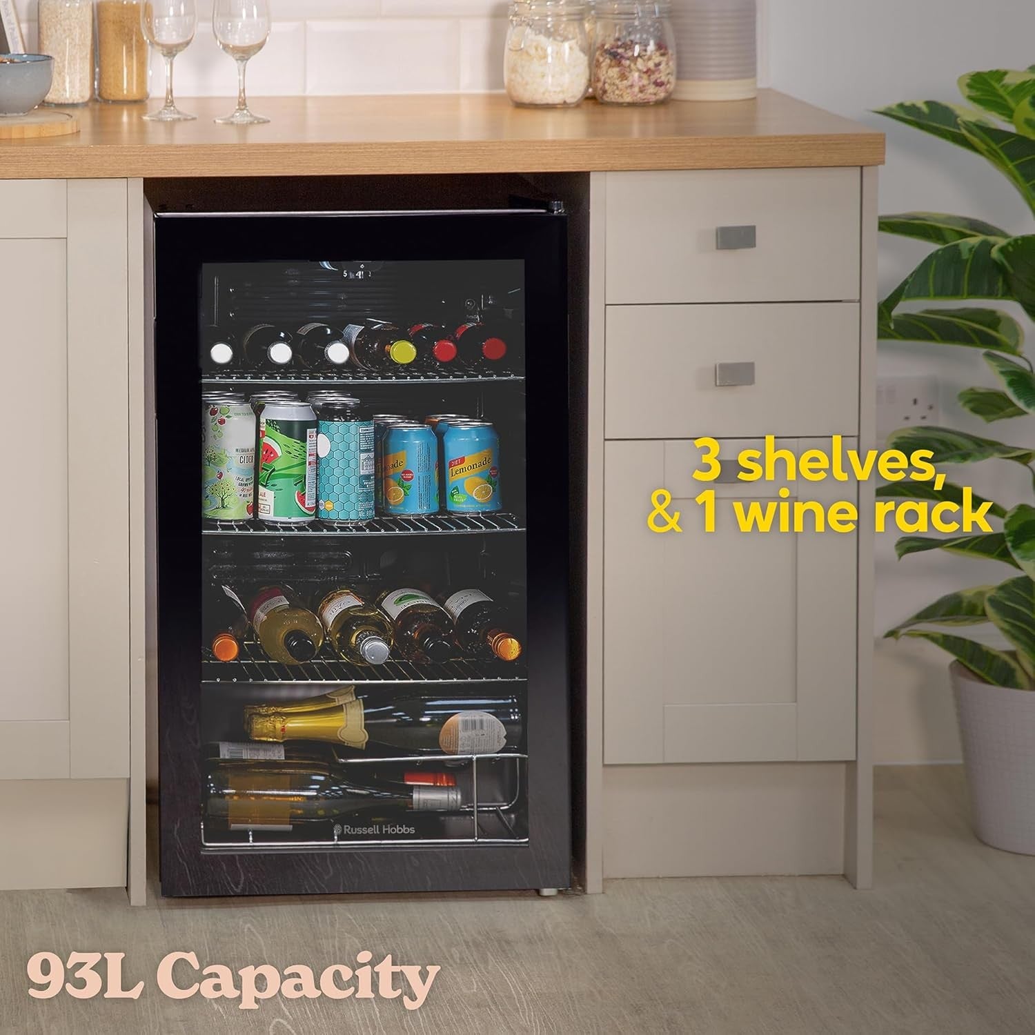 Under Counter Drinks Fridge Glass Door LED Beverage Cooler 93L 48 Can Black