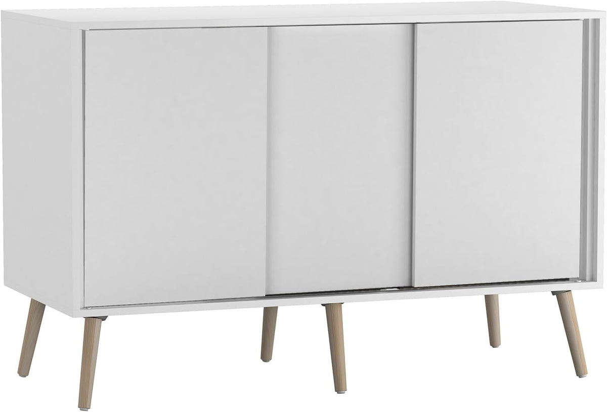 White Sliding Door Sideboard Cabinet 3-Door Storage with Wooden Legs