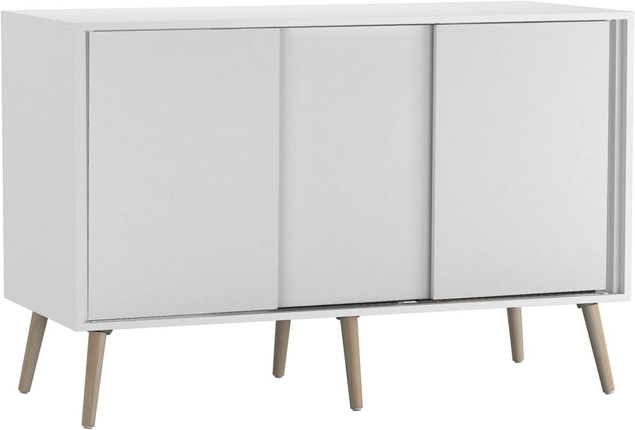 White Sliding Door Sideboard Cabinet 3-Door Storage with Wooden Legs