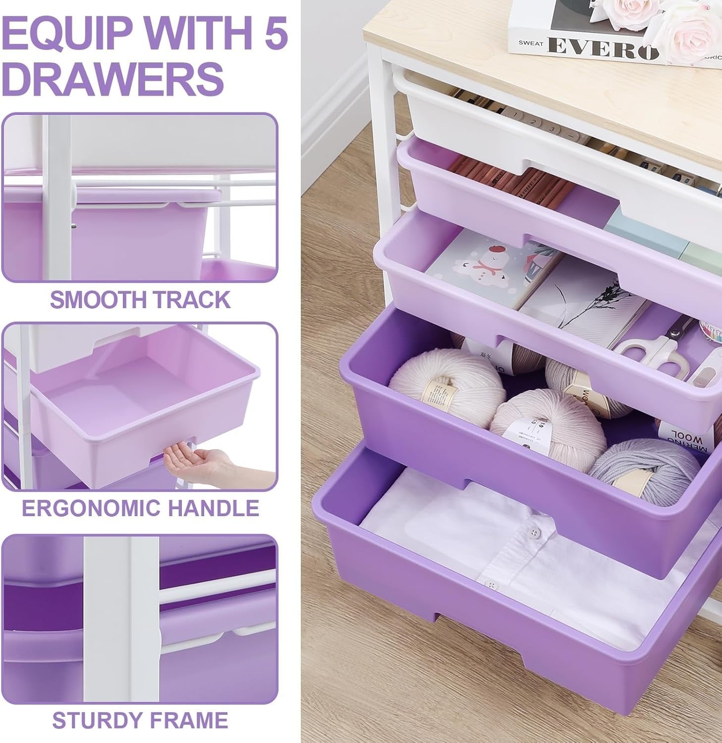 5 Drawer Mobile Storage Trolley Rolling Organizer Cart Purple Wheels