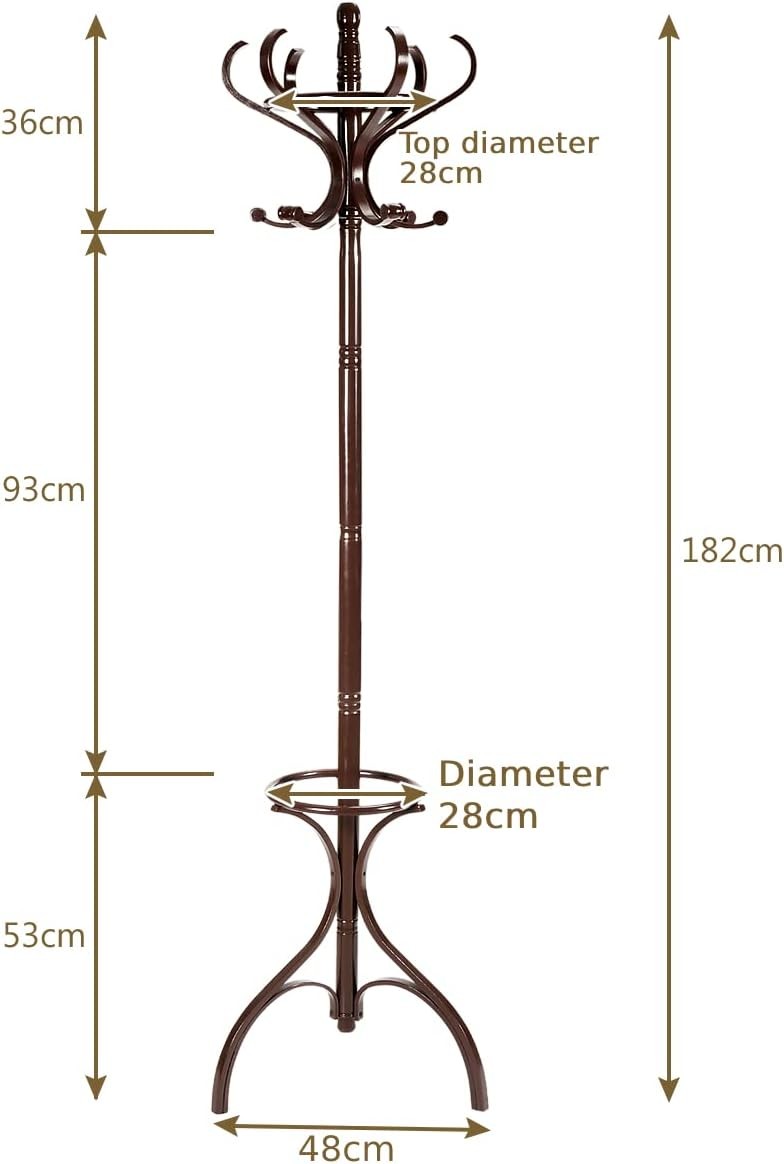 360° Rotating Mahogany Wooden Coat Rack Stand 12 Hooks Freestanding Hanger
