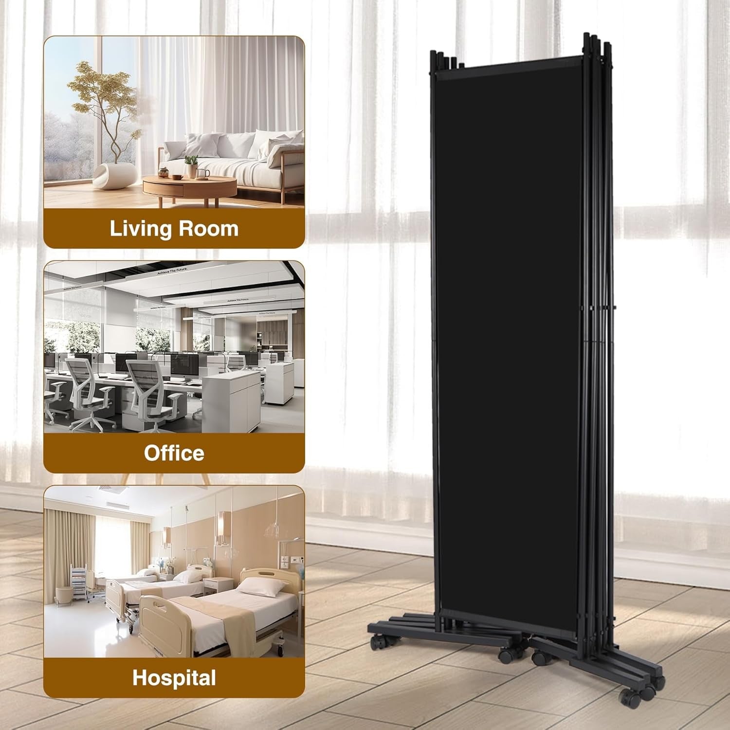 6 Panel Black Folding Room Divider on Wheels Privacy Screen 290x180cm