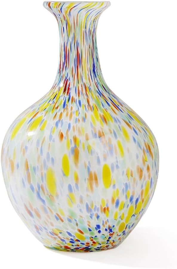 Hand Blown Colorful Glass Vase 12.5in Round Art Decor Wide Mouth
