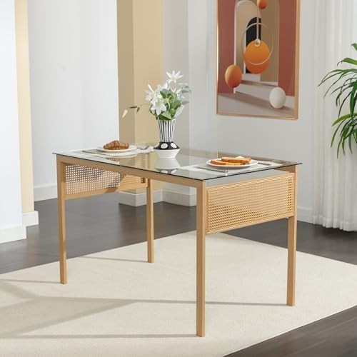 Boho Glass Dining Table Rectangular 120x70x75cm Metal & Rattan 4-6 Seater