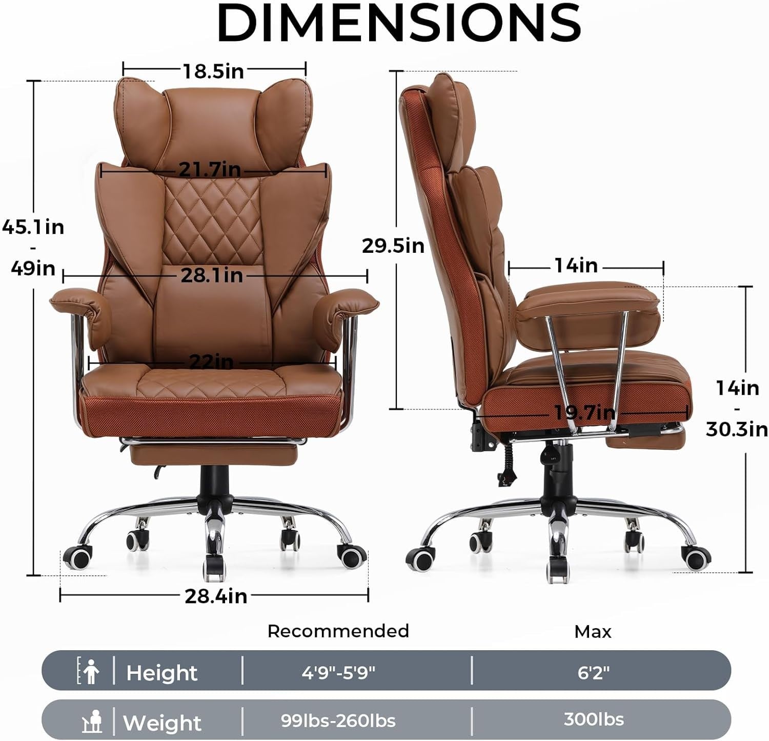 High Back Gaming Chair Ergonomic Swivel Recliner Office Seat Footrest Brown