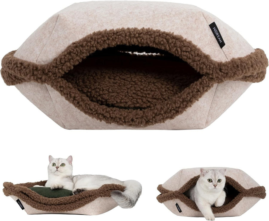 2 in 1 Plush Cat Bed Shell Design Calming Kitten House w Cushion