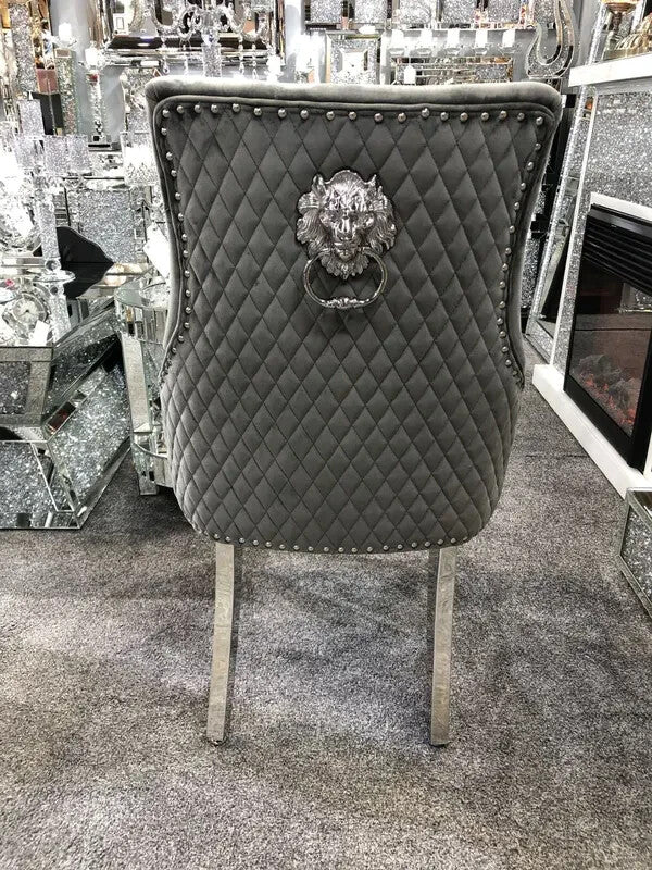 Pair Grey Velvet Dining Chairs | Lion Knocker Chrome Legs Tufted Back