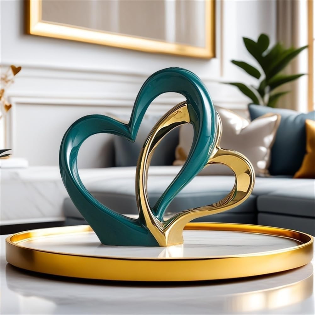 Modern Double Heart Ceramic Sculpture Green Gold Ornament Luxury Home Decor Gift