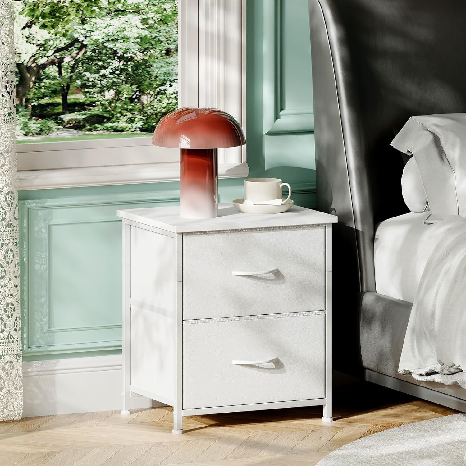 Set of 2 White Bedside Tables with Fabric Drawers – Modern Nightstands