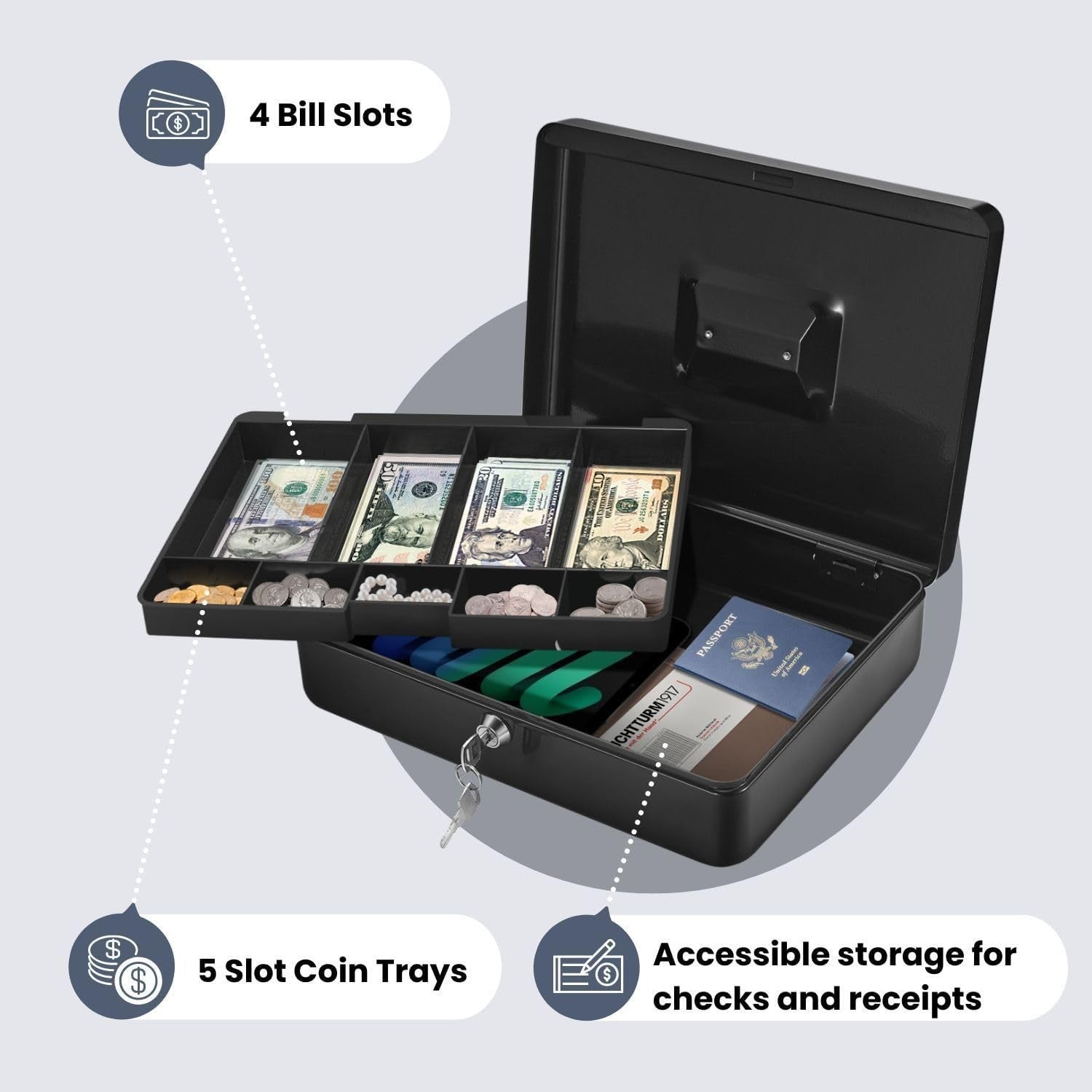 Locking Cash Box Money Tray Portable Coin Bill Storage Organizer