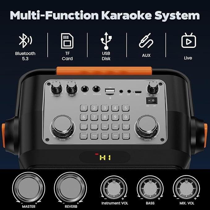 80W Bluetooth Karaoke Machine with 2 Mics & RGB LED Party Lights