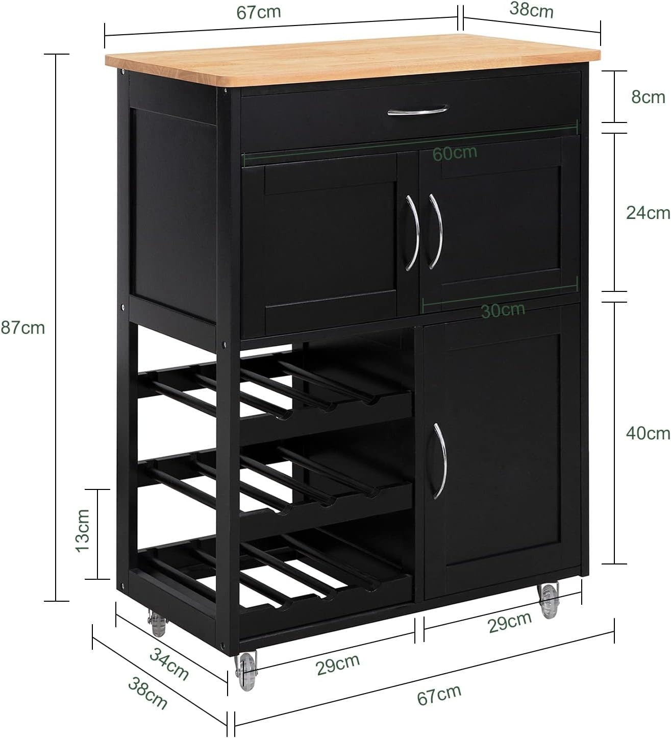 Black Kitchen Island Cart 67cm Wine Rack Wheels