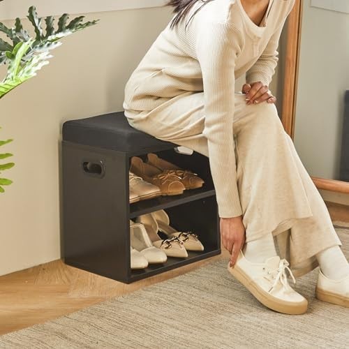 Black 2 Tier Shoe Bench with Cushion Adjustable Storage Rack for Entryway
