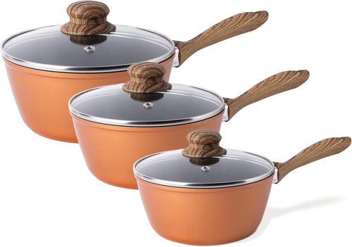 3pcs Copper Non-Stick  Saucepan Set with Lids 16cm 18cm 20cm Induction Ready