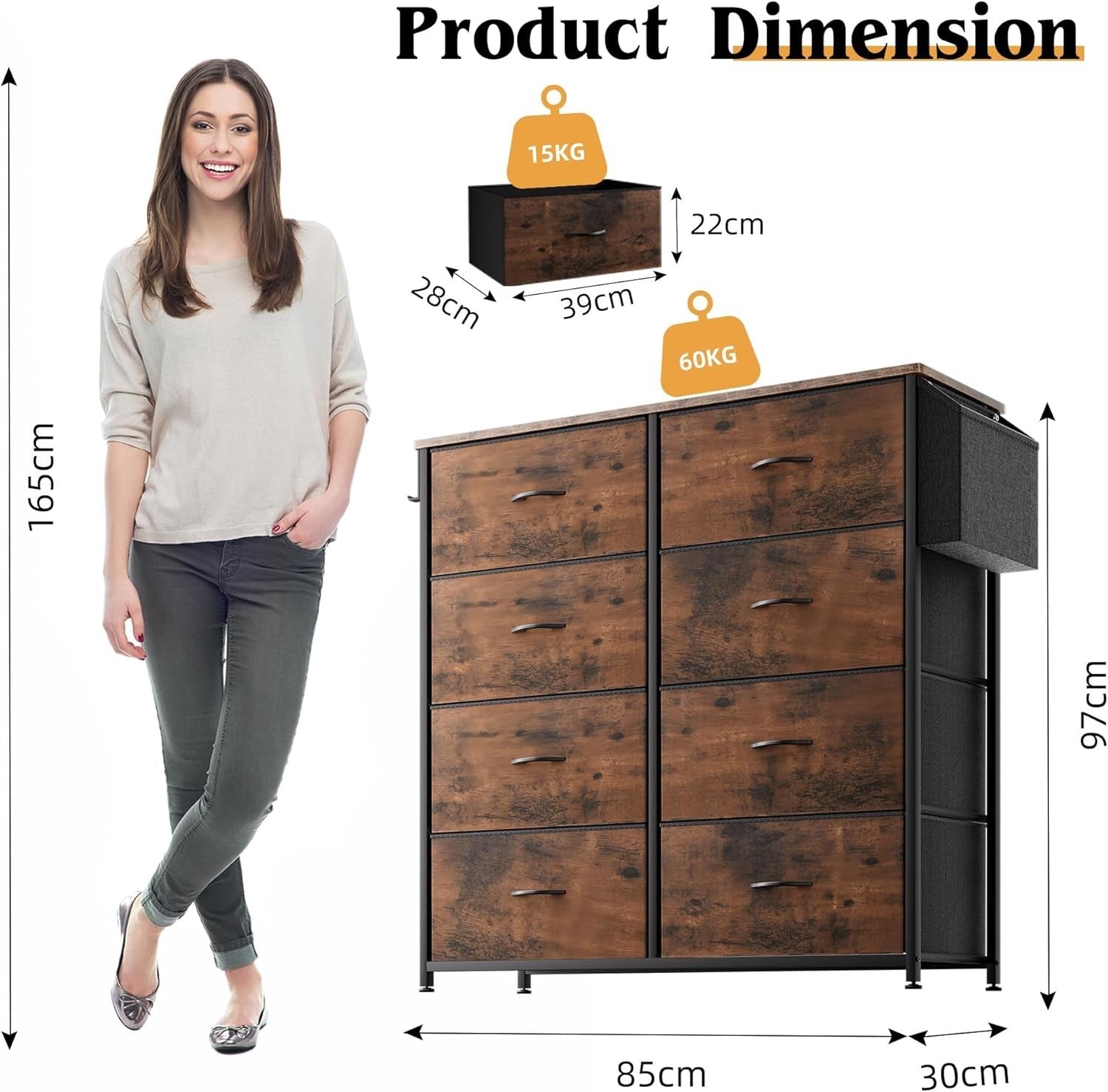 Rustic 8 Drawer Tall Fabric Storage Unit w/ Labels, Pocket & Wood Top