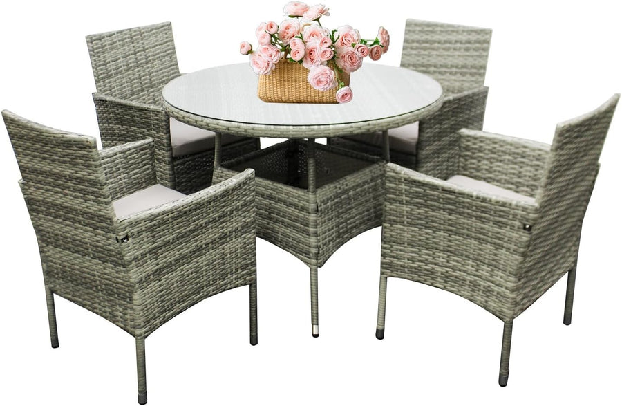 4 Seater Rattan Garden Set Round Table & Cushions Outdoor Patio Dining