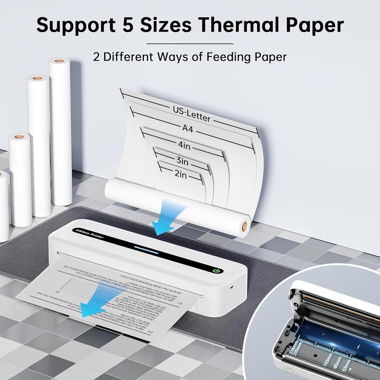 Portable A4 Thermal Printer Wireless Inkless Bluetooth USB