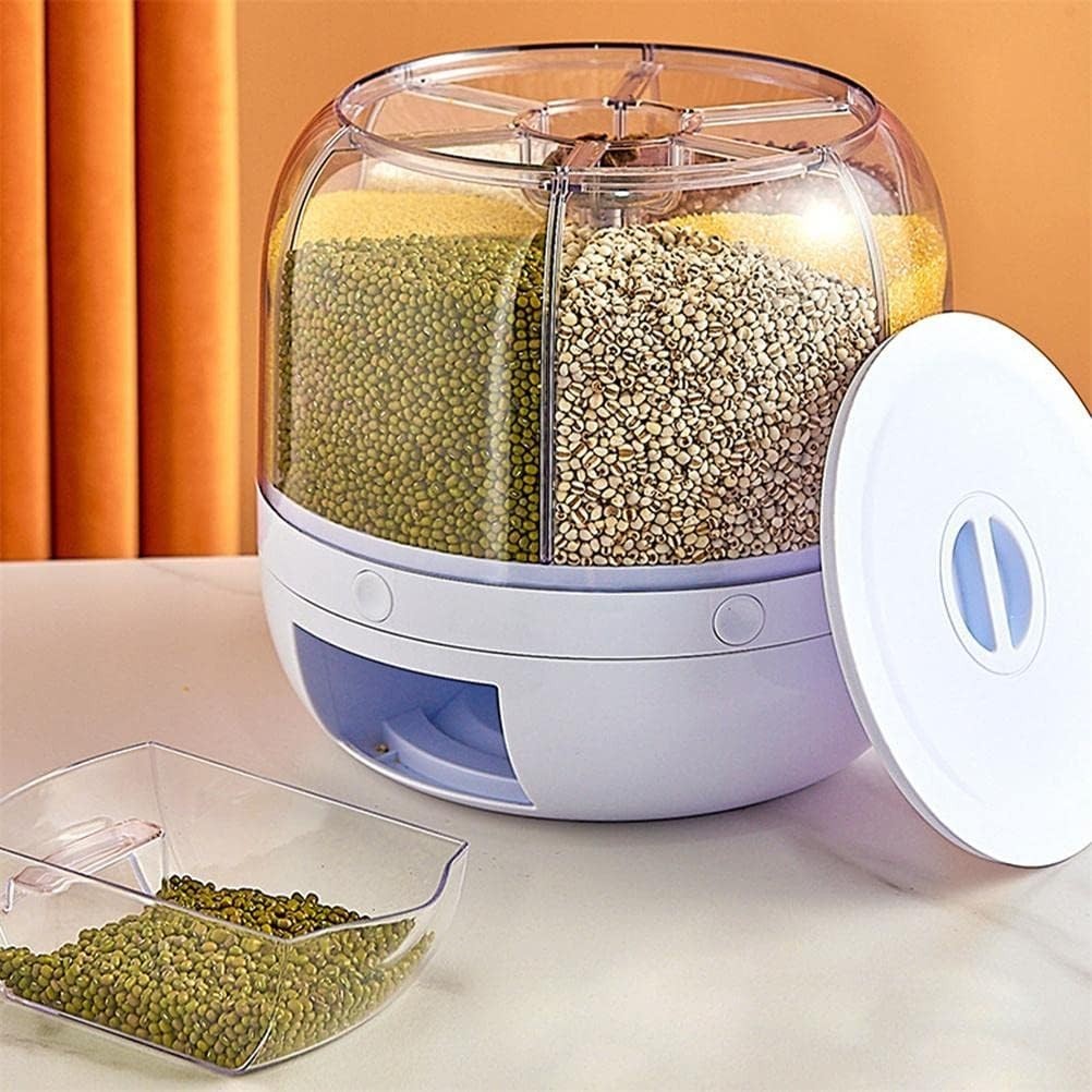 12L Rotating Rice Dispenser 6 Grid Transparent Grain Storage Box