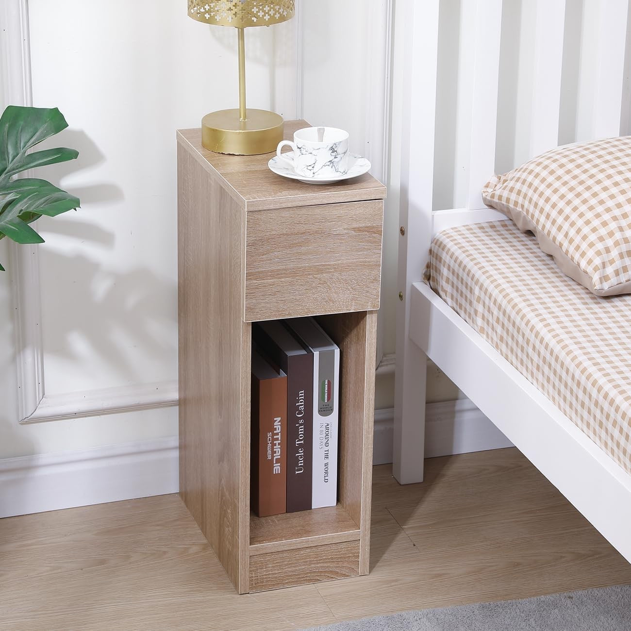 Slim Walnut Bedside Table with Storage Shelf, Narrow Side Cabinet for Small Spac