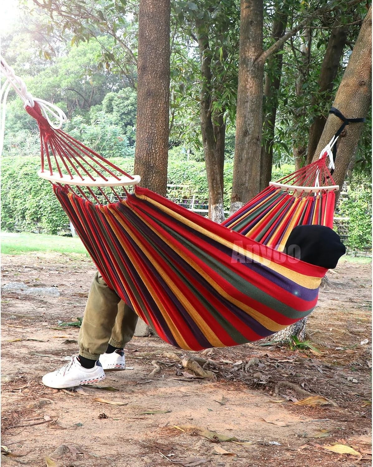 Outdoor Cotton Hammock with Spreader Bars & Tree Straps – Portable - Red