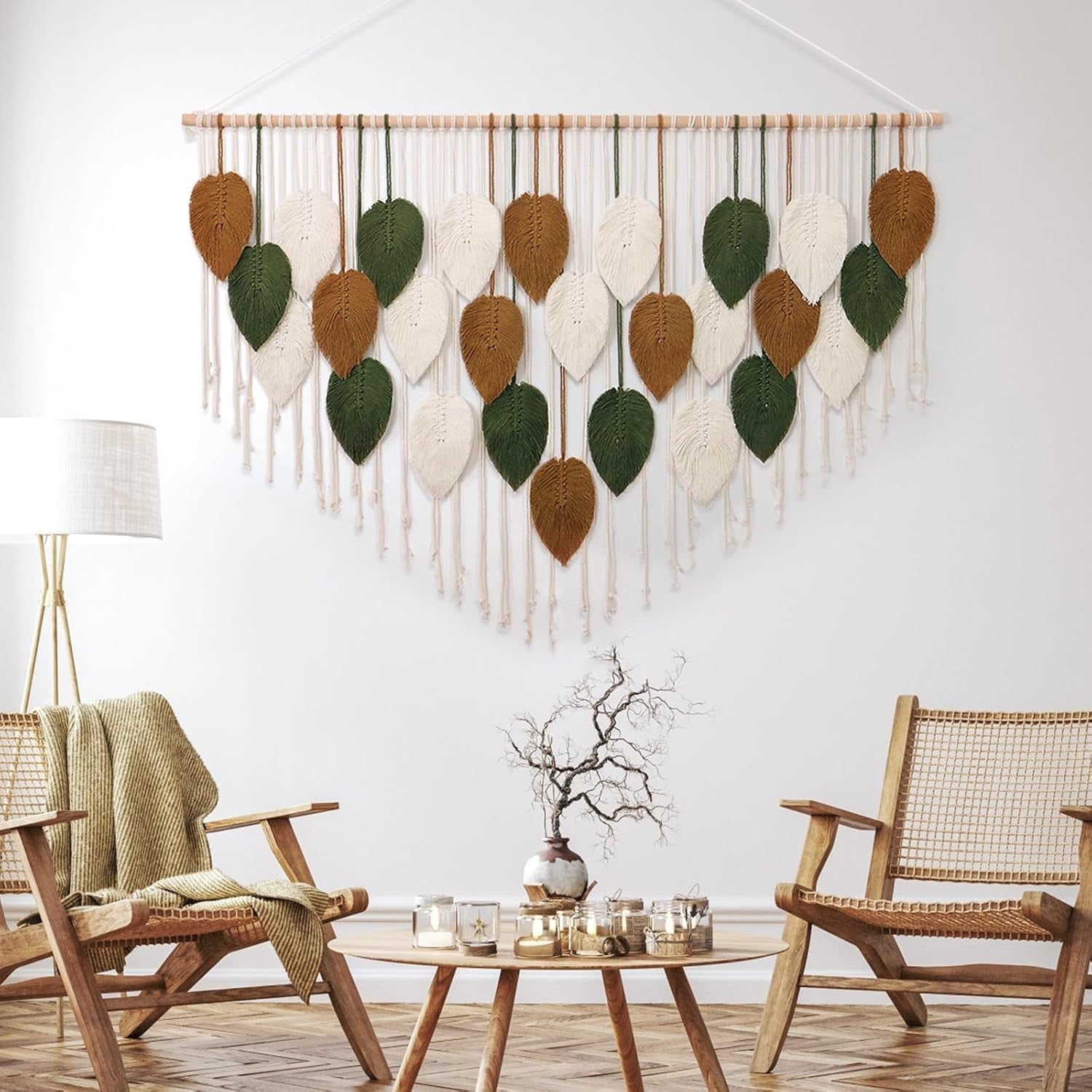 Large Boho Macrame Wall Hanging Leaf Woven Decor Green/Khaki