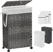 70L Slim Rattan Laundry Hamper Grey with Wheels 2 Liner Bags Tall Basket