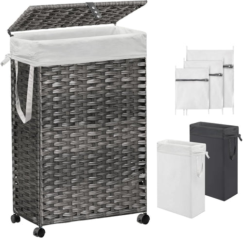 70L Slim Rattan Laundry Hamper Grey with Wheels 2 Liner Bags Tall Basket
