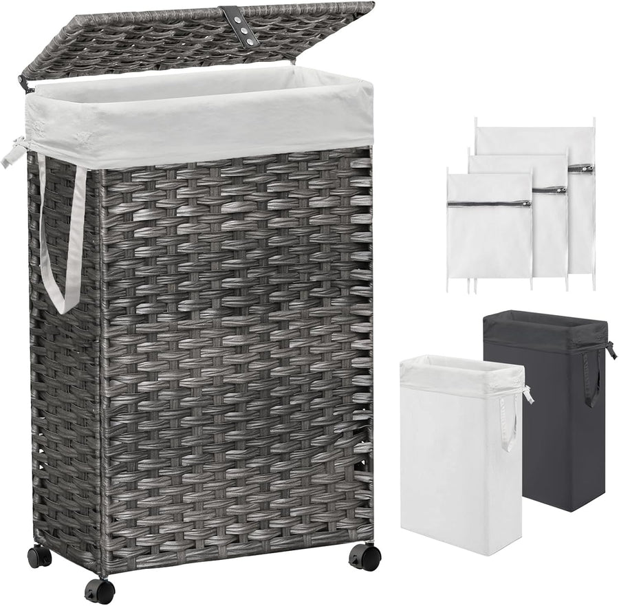 70L Slim Rattan Laundry Hamper Grey with Wheels 2 Liner Bags Tall Basket
