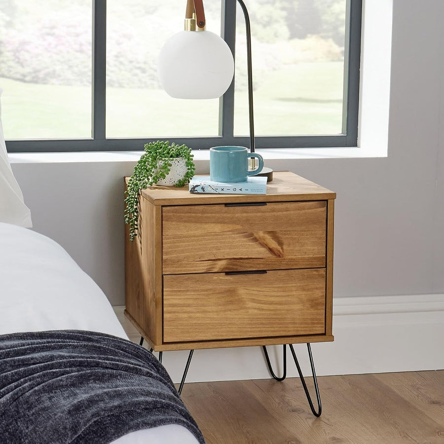 2 Drawer Pine Wood Bedside Table Nightstand Cabinet | Hairpin Legs