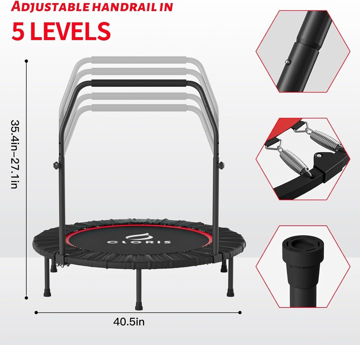40” Foldable Fitness Trampoline Rebounder Adjustable Handle Quiet 400lb