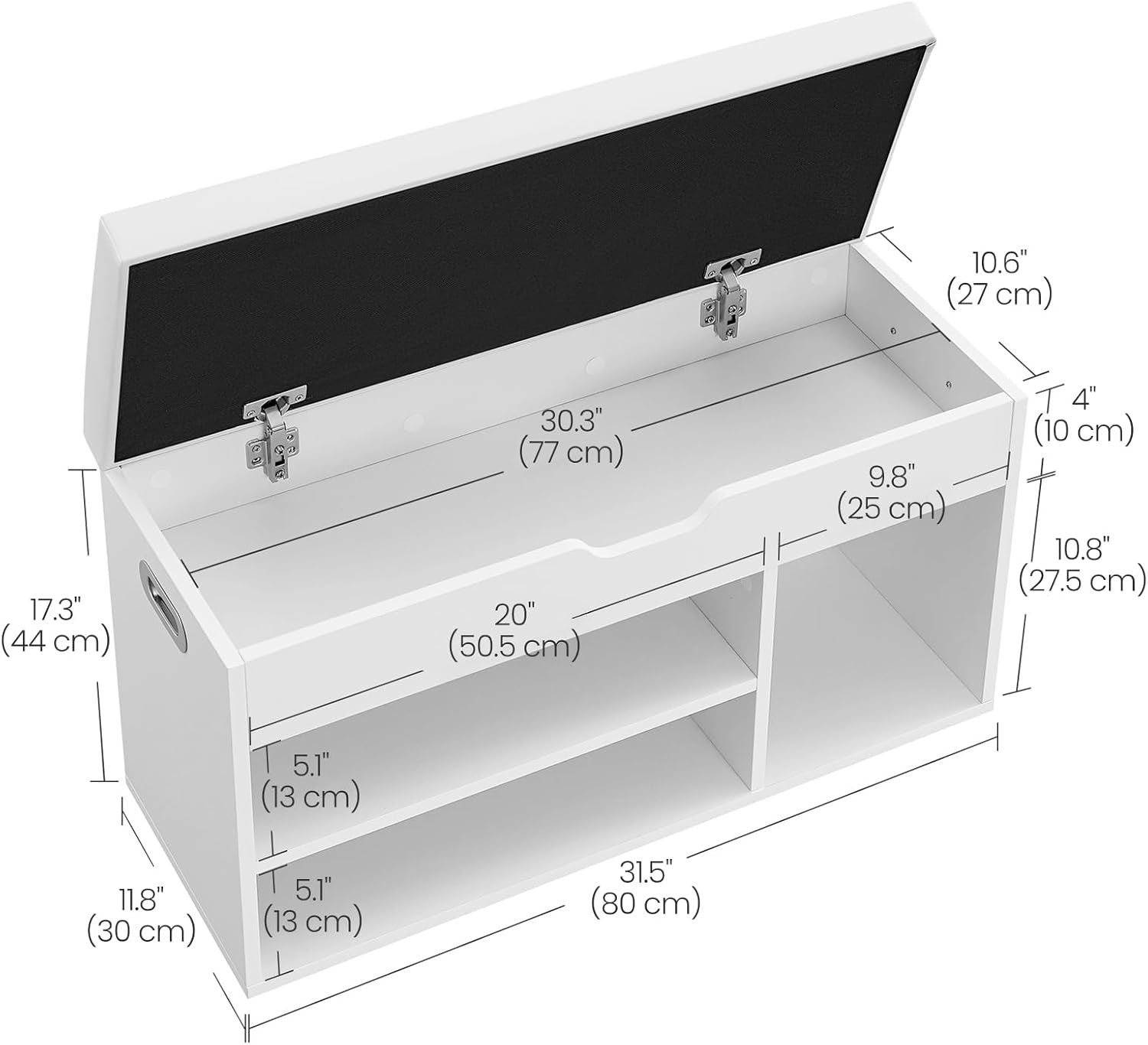 White Shoe Storage Bench with Cushion, 3 Compartments, Lift-Top Seat