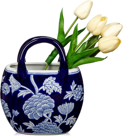 Blue White Ceramic Flower Vase Handbag Style Chinoiserie Table Decor 23cm