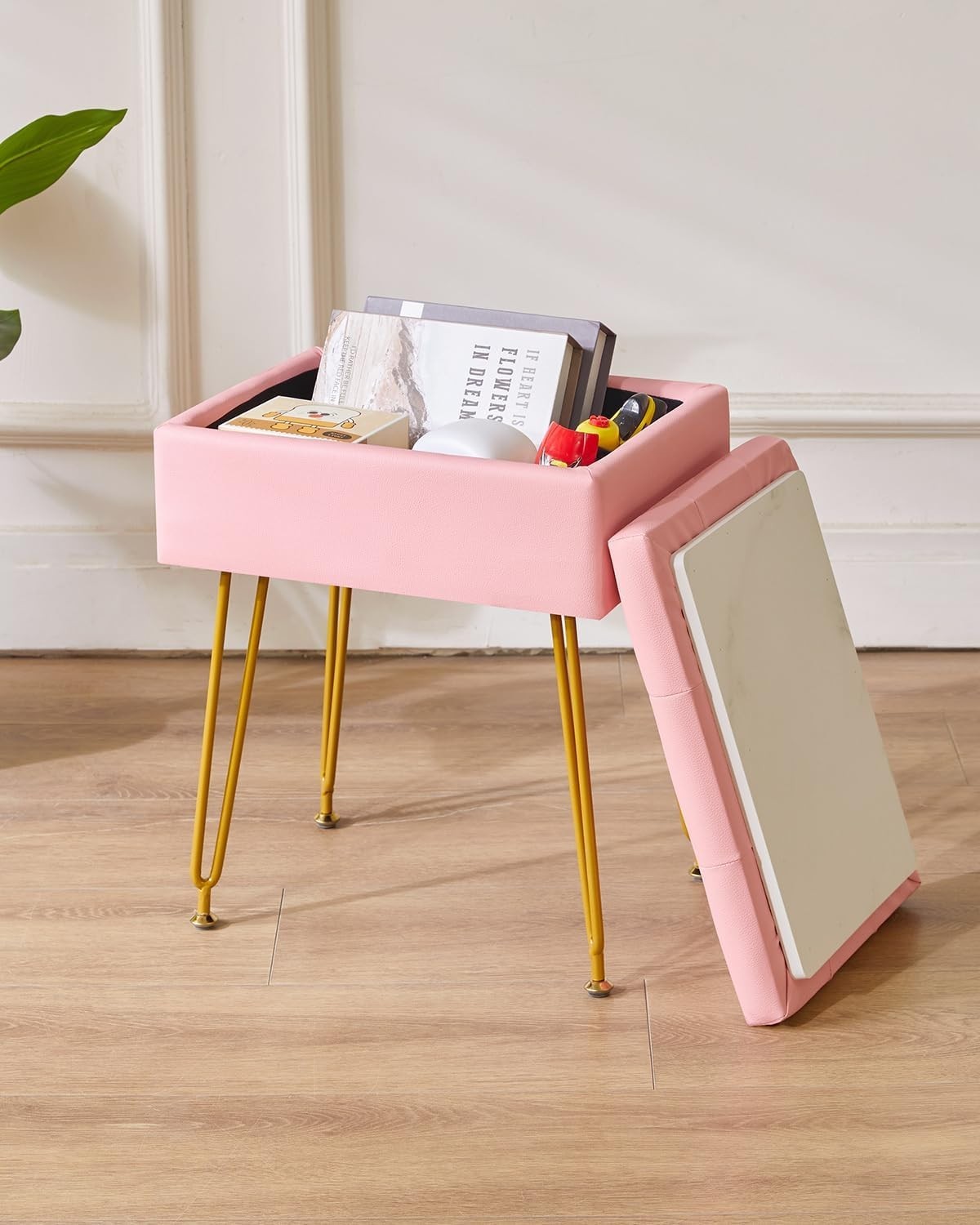 Pink PU Leather Vanity Stool with Storage & Flip Tabletop – Adjustable Legs