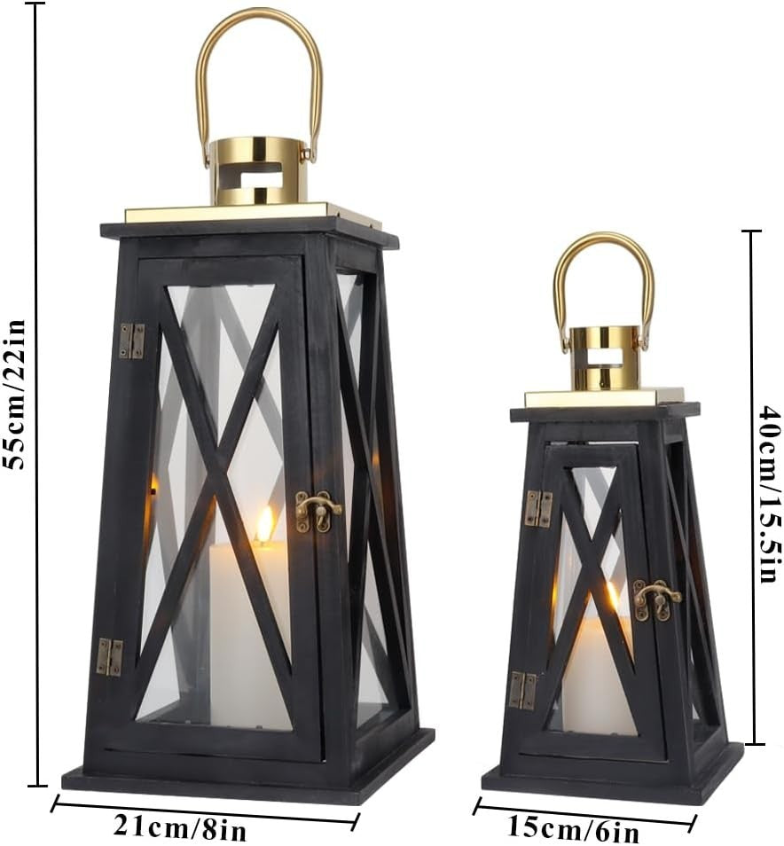 Set of 2 Black Wooden Lanterns Rustic Candle Holders