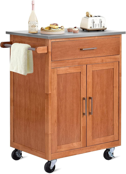 Kitchen Island Trolley Stainless Steel Top Drawer Cabinet Storage Cart Wheels