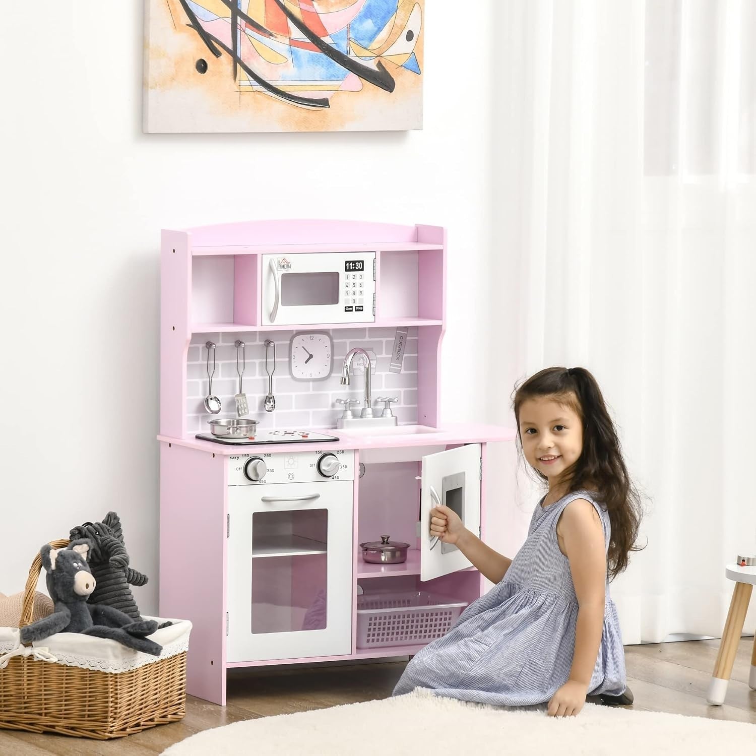 Kids Wooden Play Kitchen w/ Lights Sounds Microwave Pink Toy Set