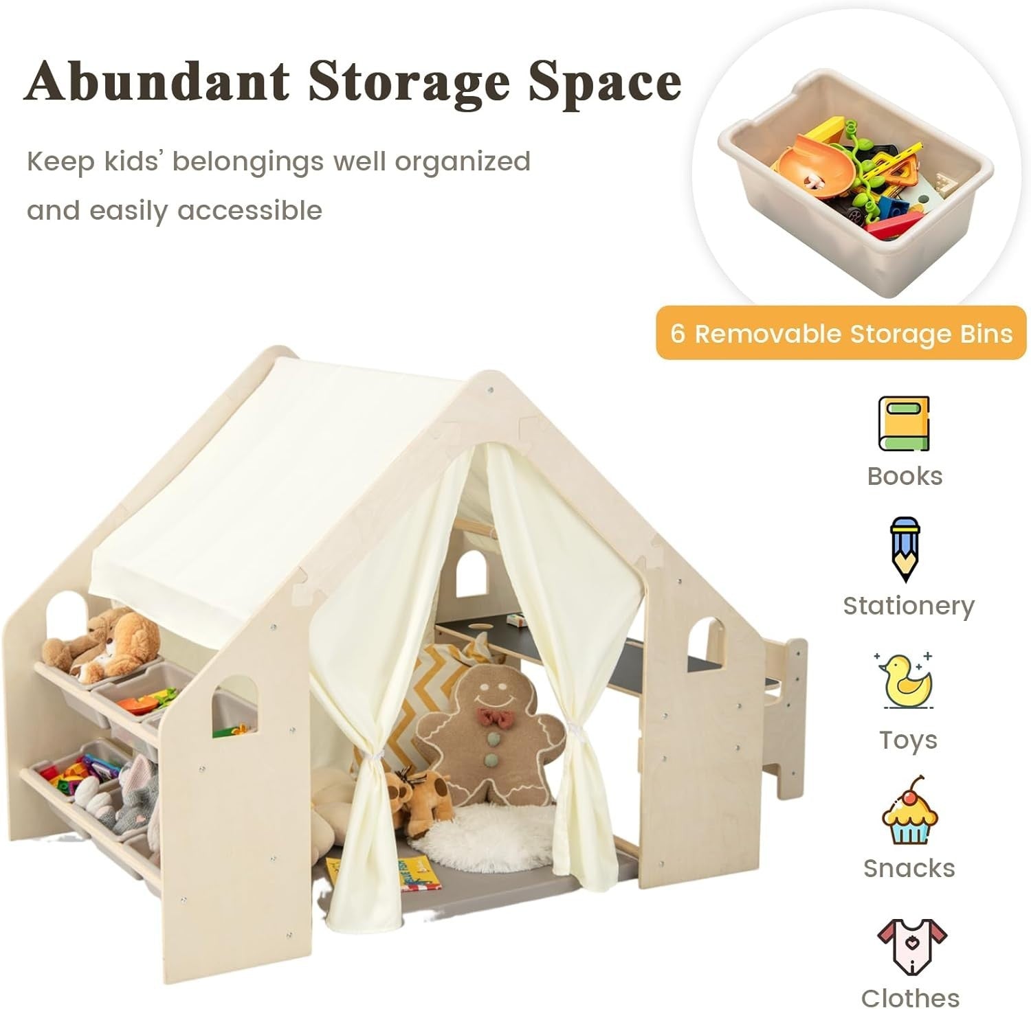 6 in 1 Kids Wooden Play Tent w Desk Chair Mat Blackboard Storage