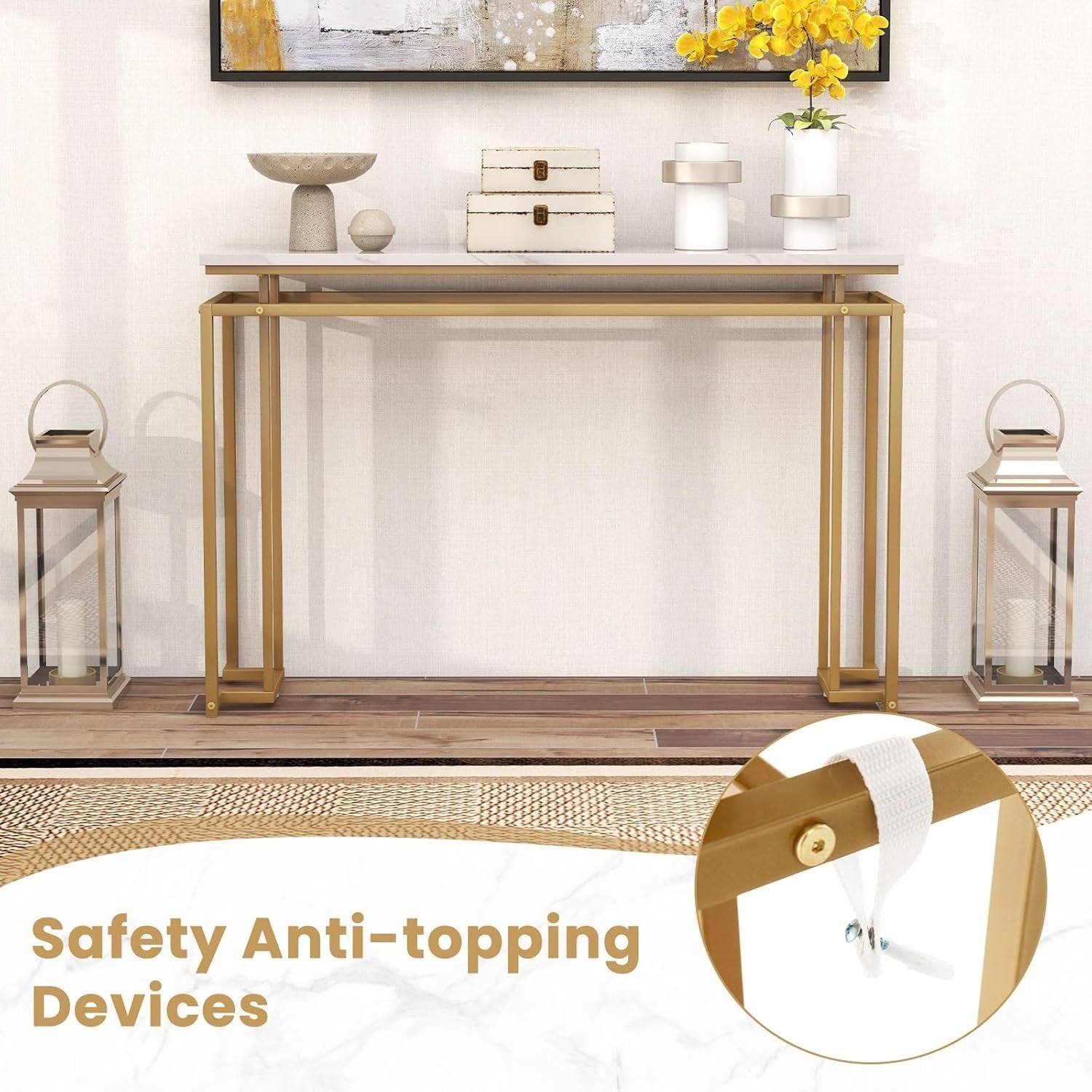 Slim Faux Marble Console Table, Modern Gold Frame, 120cm Entryway Accent