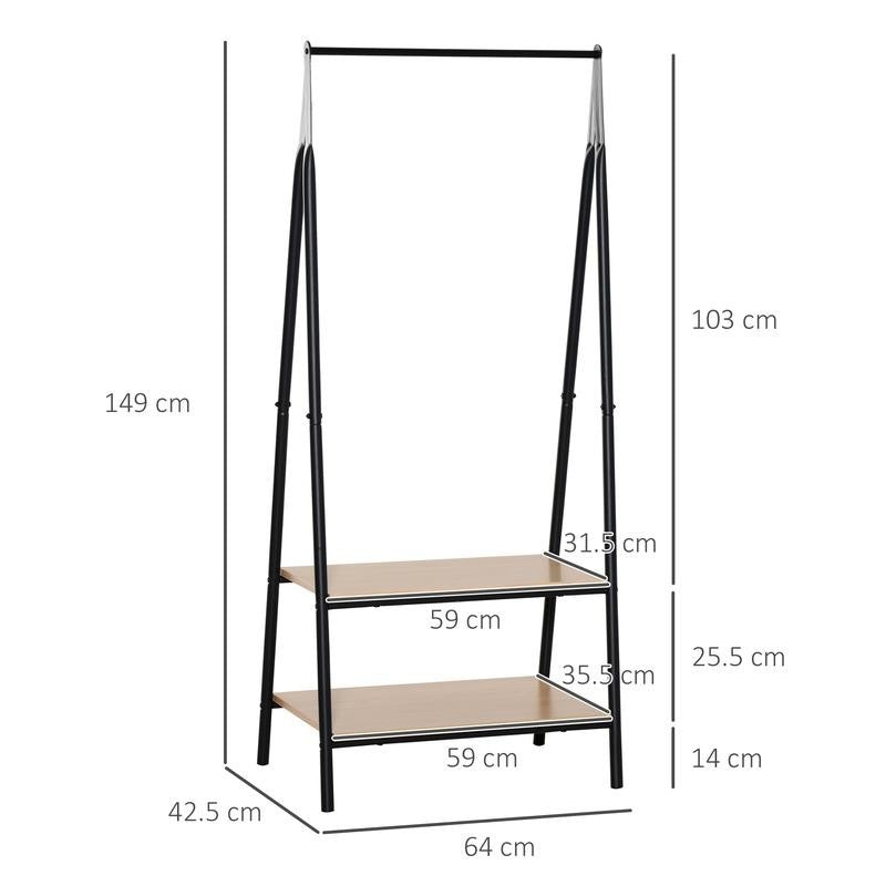 Freestanding Clothes Rack with 2 Shelves Black Metal Frame 64x149cm