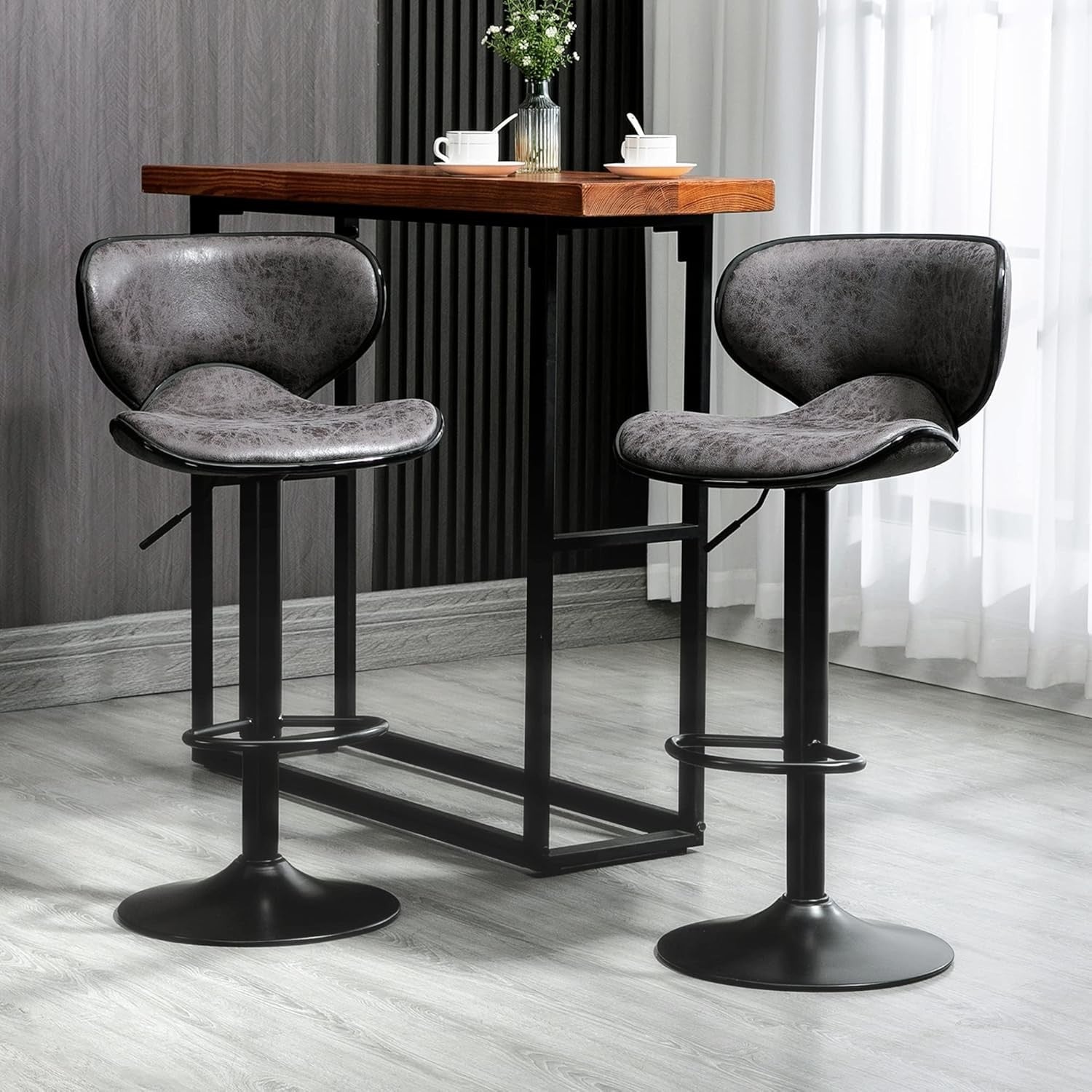 Adjustable Swivel Bar Stools Set of 2 | Dark Grey Faux Leather Breakfast Chairs