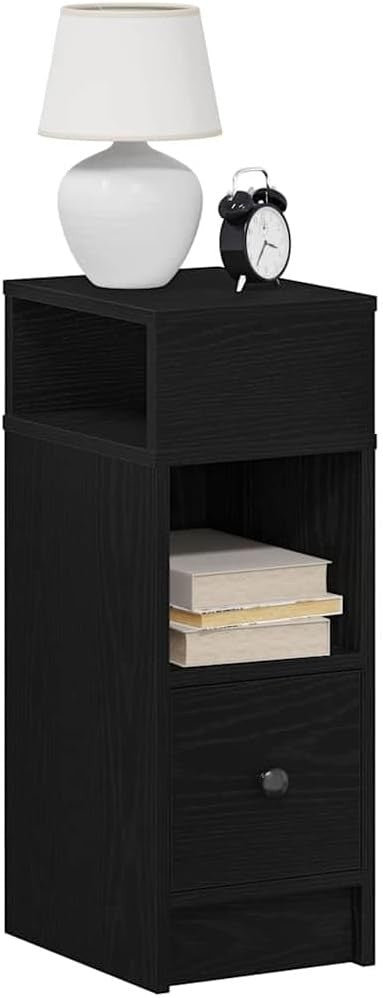 Black Bedside Table with Drawer & Shelves | Slim Modern Nightstand