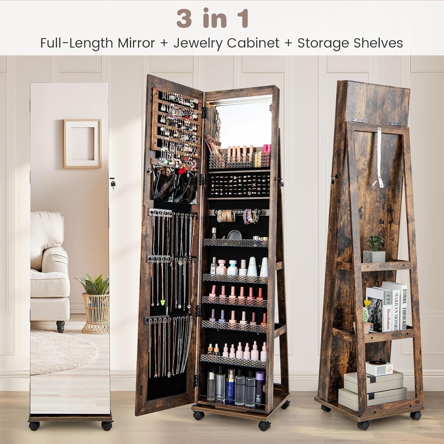 Swivel Jewelry Cabinet with LED Mirror Lockable Storage Wheels Rustic Brown