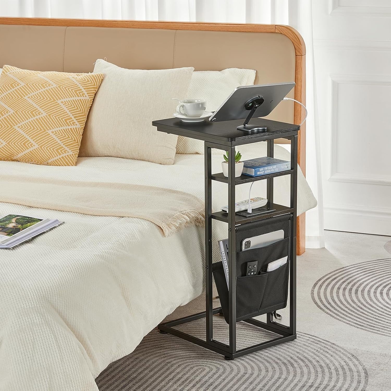 C-Shaped End Table with Charging Station, Storage & Slim 3-Tier Design