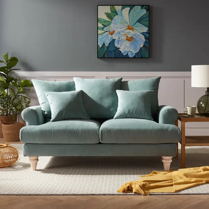 Teal Velvet 2 Seater Sofa Scatter Cushions Deep Seat Scroll Arms Wood Legs