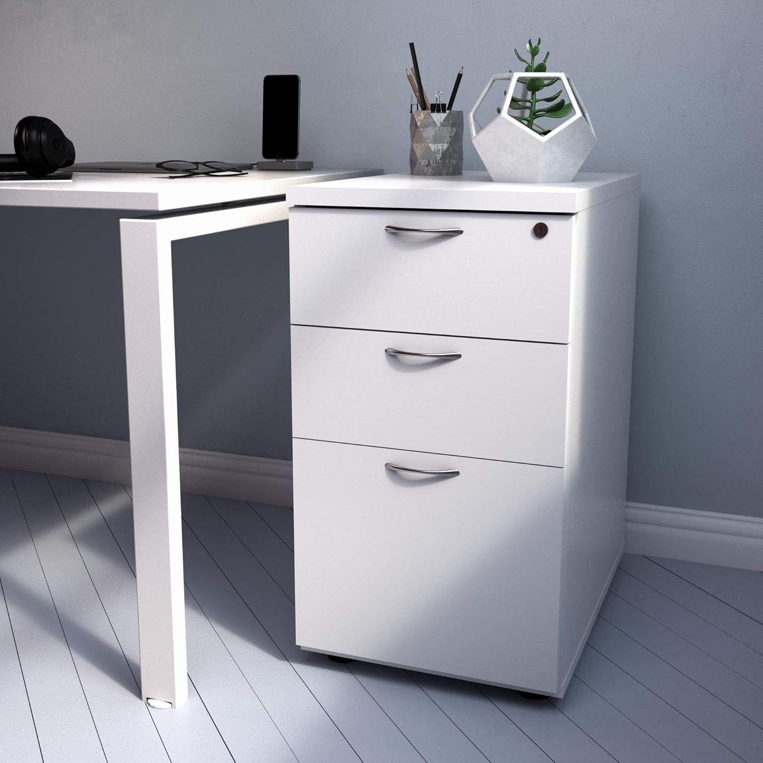 White 3 Drawer Lockable Filing Cabinet 40.4x60x73cm Wood