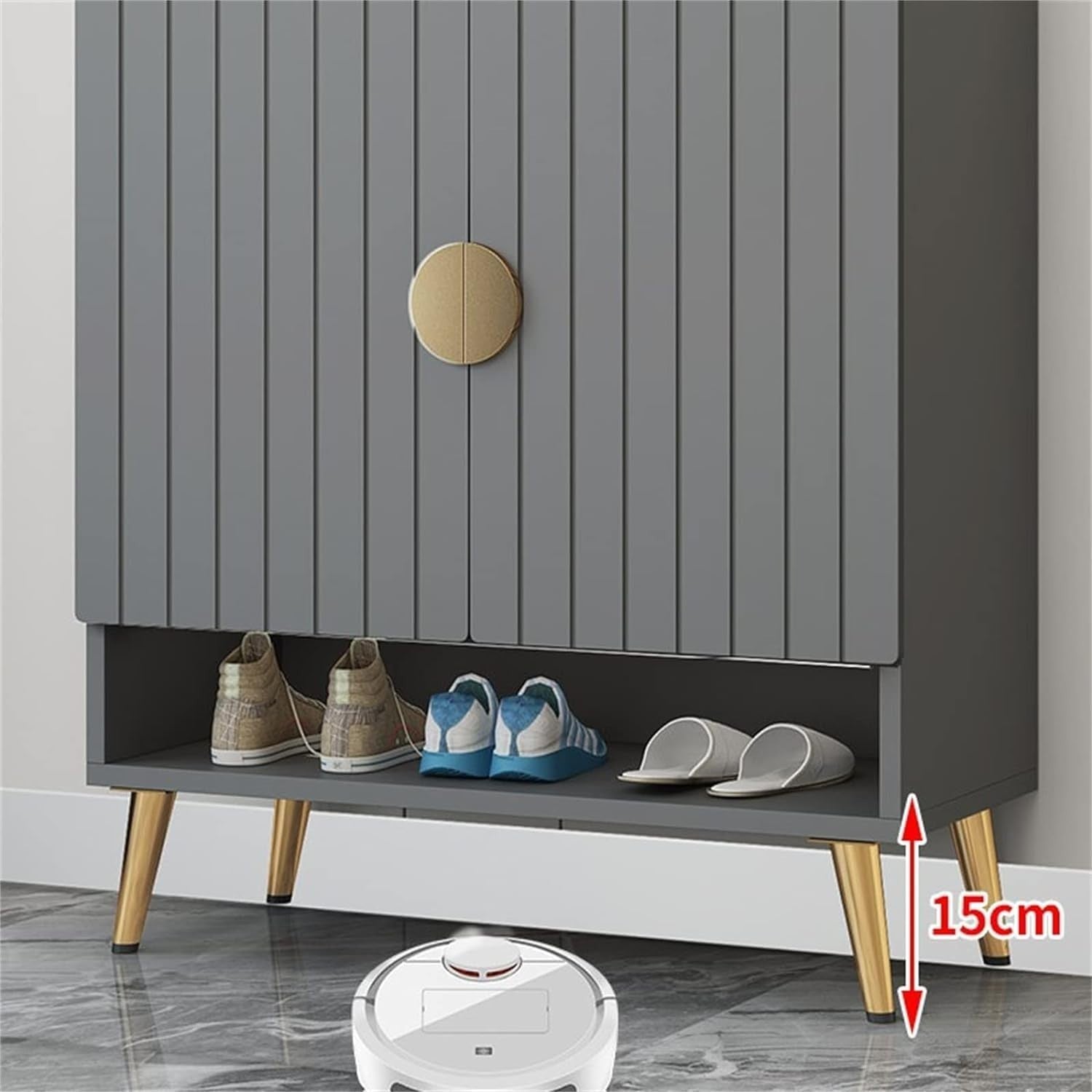Modern Shoe Cabinet Grey 2 Door Cupboard with Open Shelf & Adjustable Shelves